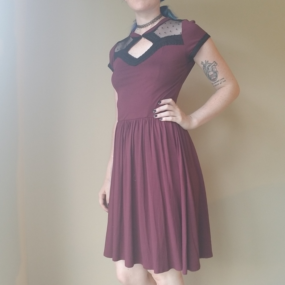 Burgundy skater dress with mesh panel